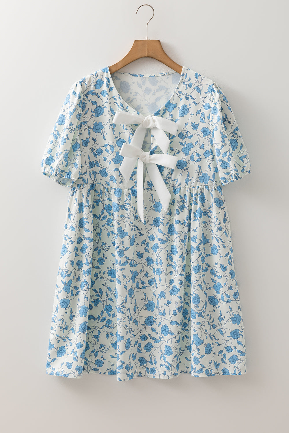 Floral Tie Neck Mini Dress Puff Sleeve Babydoll Style