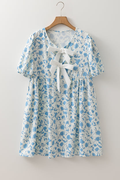 Floral Tie Neck Mini Dress Puff Sleeve Babydoll Style