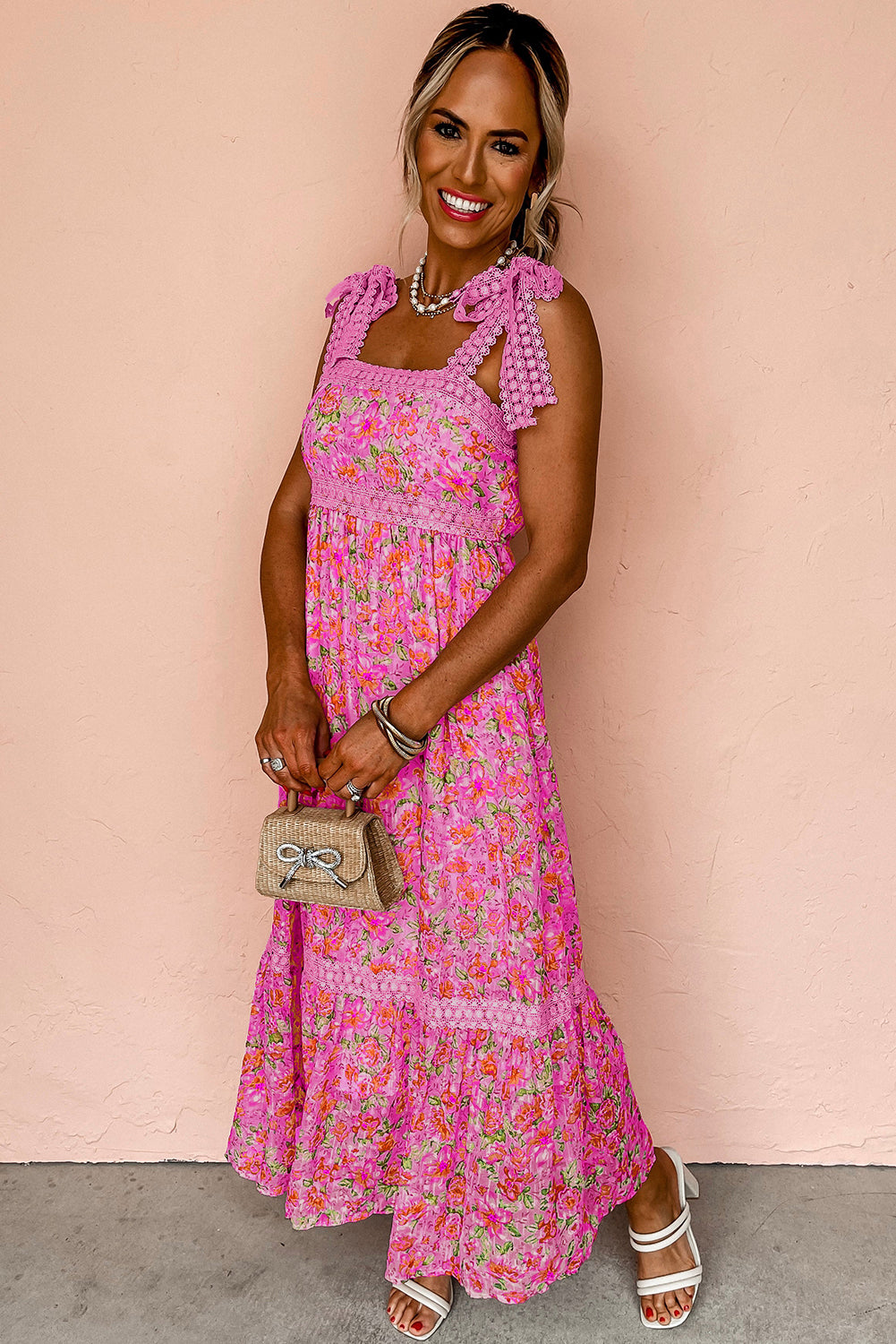 Pink Floral Lace Strap Empire Waist Maxi Dress