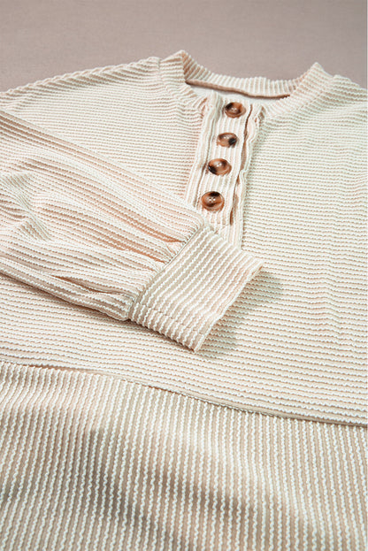 Waffle Knit Lantern Sleeve Henley Pullover – Apricot
