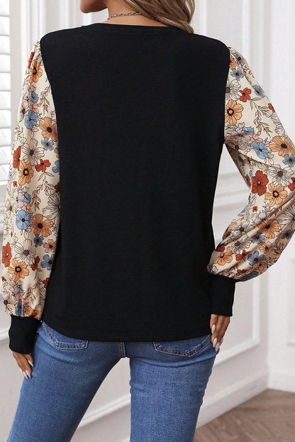 Black Leopard Puff Sleeve Patchwork Casual Top