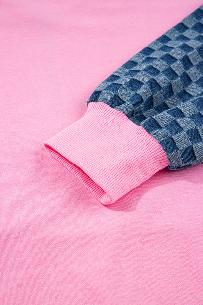 Bonbon Checkered Patchwork Half Zip Hoodie with Pocket