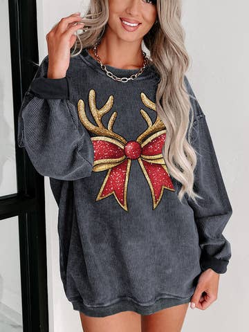 Christmas Reindeer Bow Graphic Corded Knit Sweatshirt
