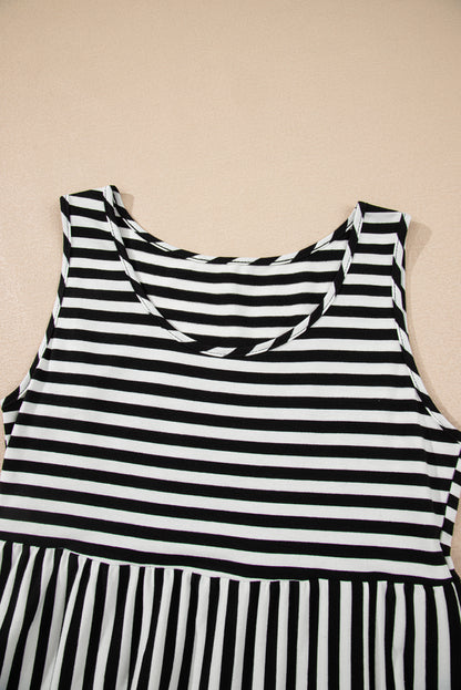 Black White Stripe U-Neck Sleeveless Loose Mini Dress