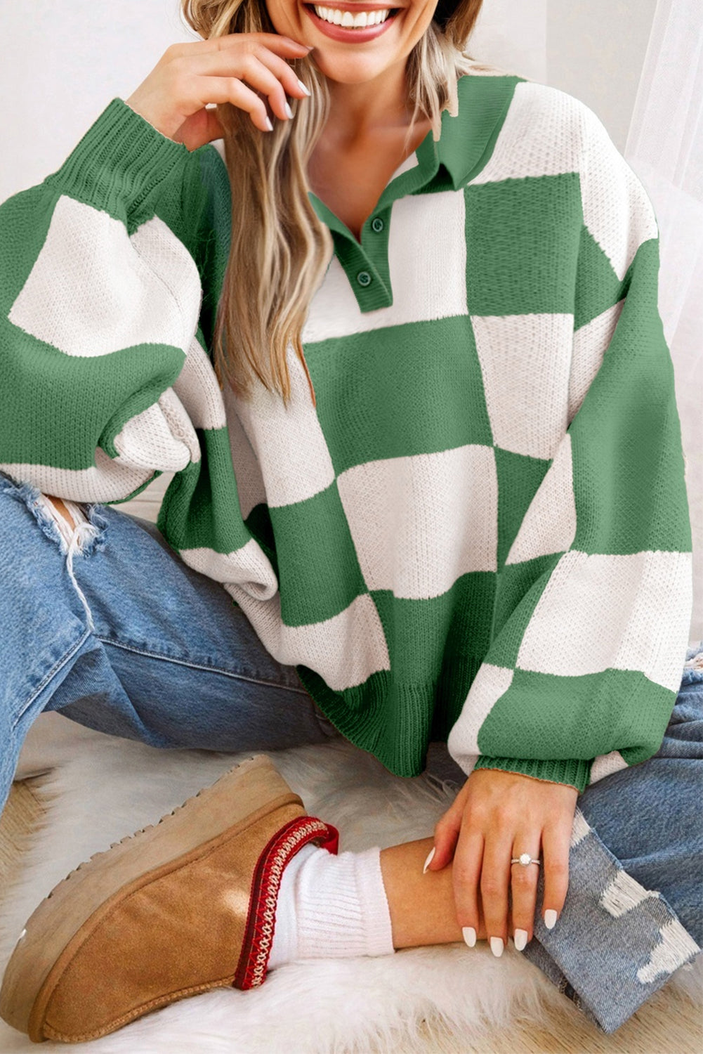 Checkered Polo Collar Loose Knit Sweater