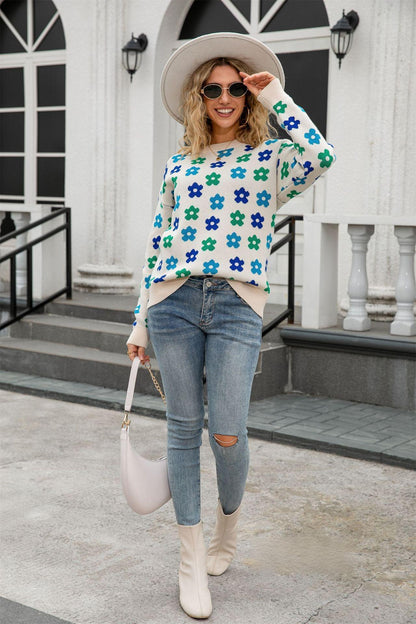 Retro Floral Print Pullover Sweater – Cozy Fall Knit