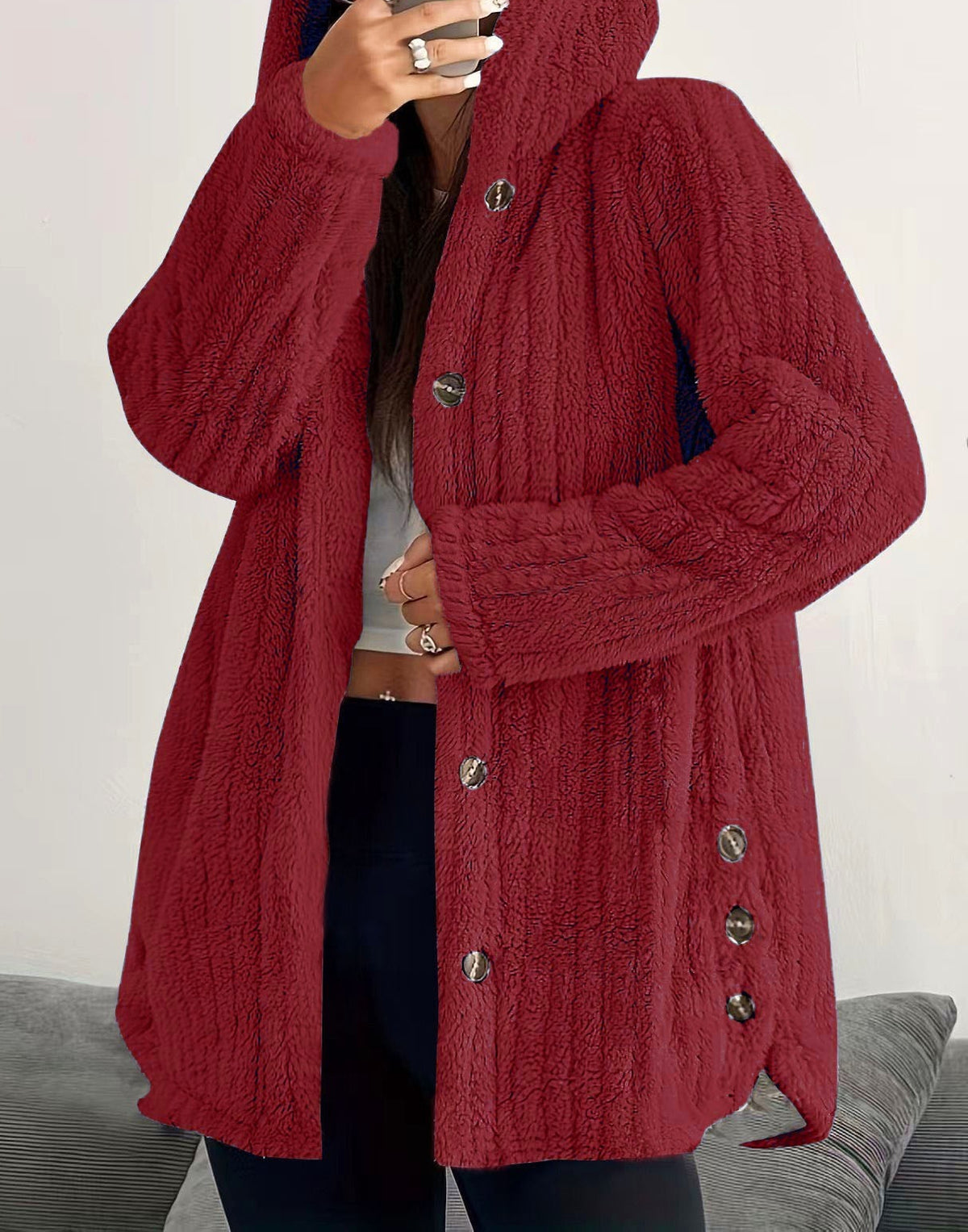 Women's Oversized Hooded Sherpa Jacket Button Front