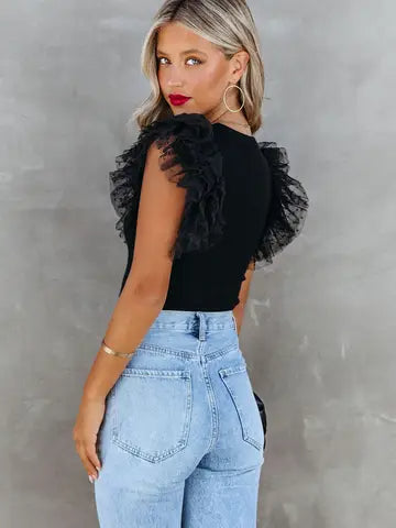 White Polka Dot Mesh Ruffle Sleeve Ribbed Knit Top