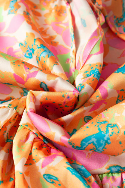 Orange Floral Split V Neck Short Sleeve Peplum Blouse