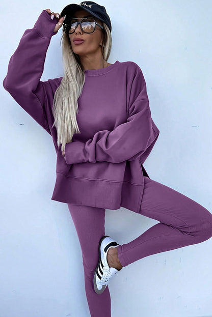 Solid Oversize Slit Sweatshirt with Ribbed Leggings Set