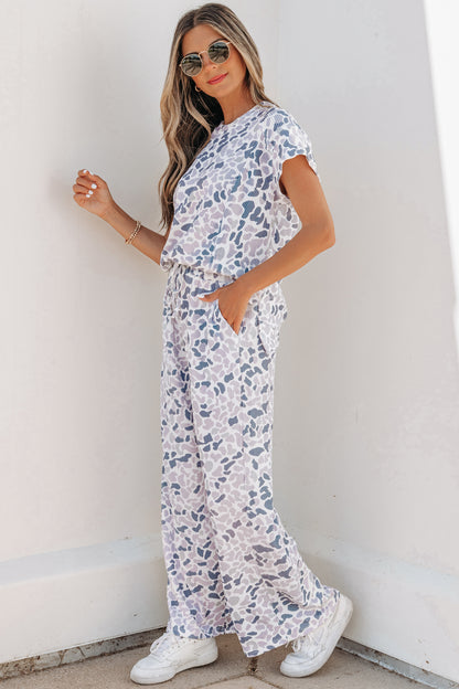 Women Camo Print Two Piece Set Casual Tee Drawstring Pants