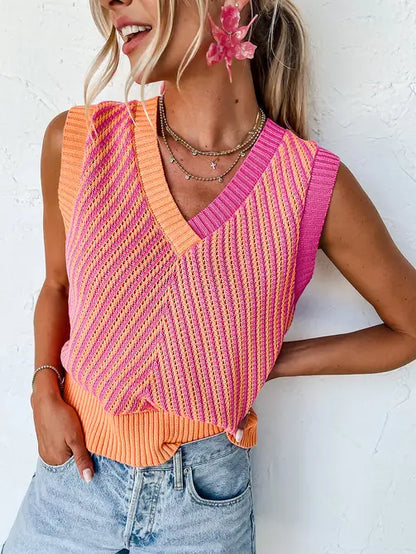 Color Block Chevron Knit Sweater Vest V Neck Top
