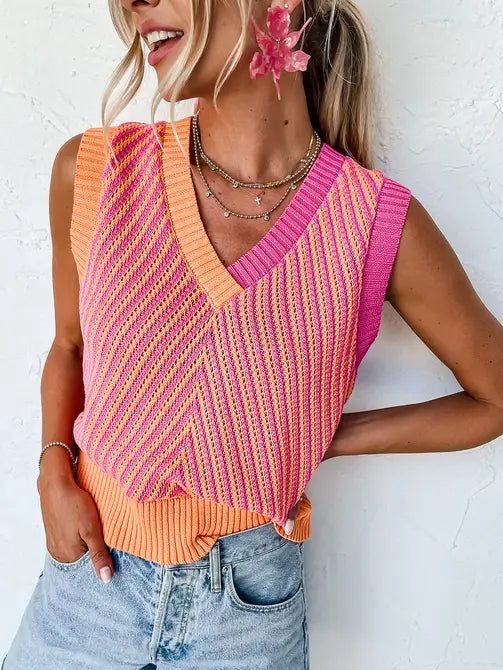 Color Block Chevron Knit Sweater Vest V Neck Top