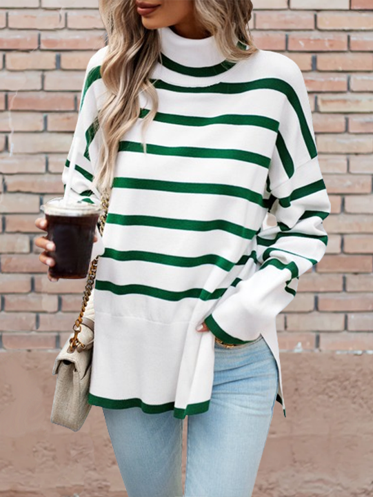 Long Sleeve Knitted Pullover with Turtleneck and Stripes