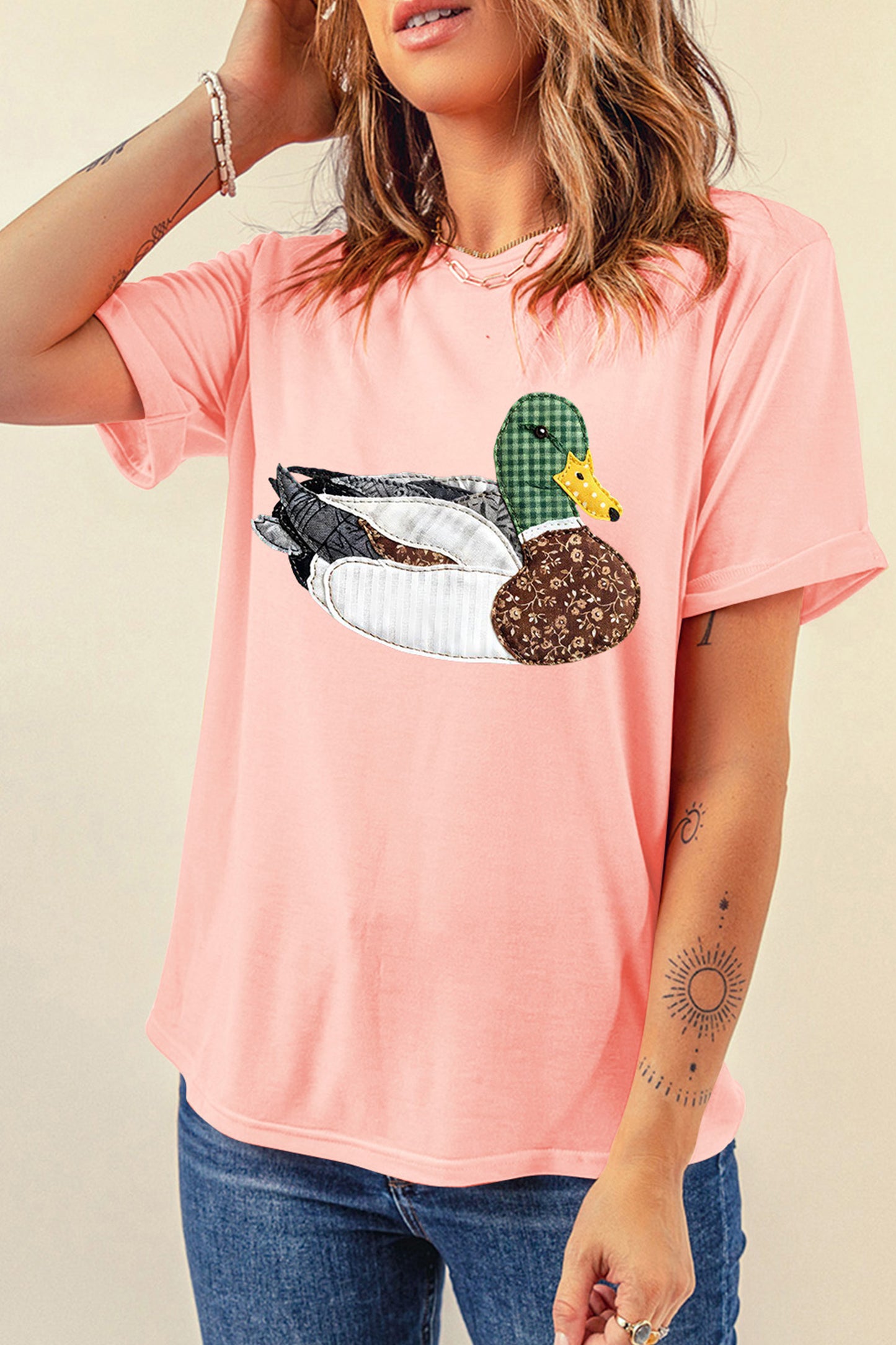 Pink Patchwork Duck Graphic Casual Crewneck Tee