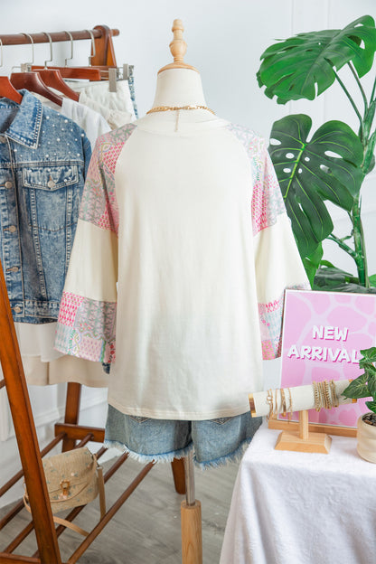 Boho Patchwork Floral Graphic Long Sleeve Top Women
