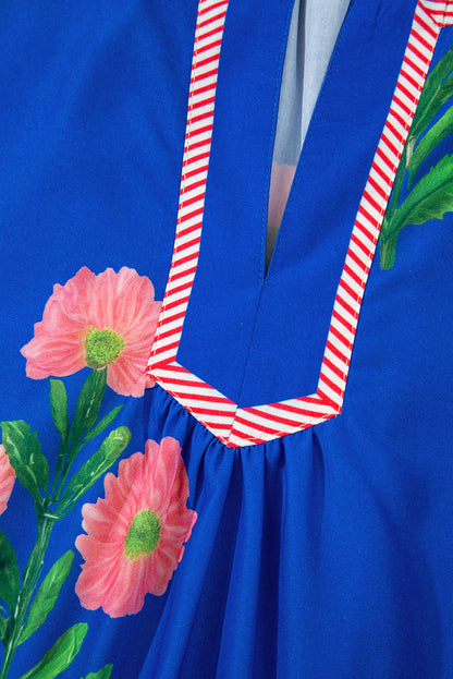 Easter Floral Split Neck Short Sleeve Mini Dress