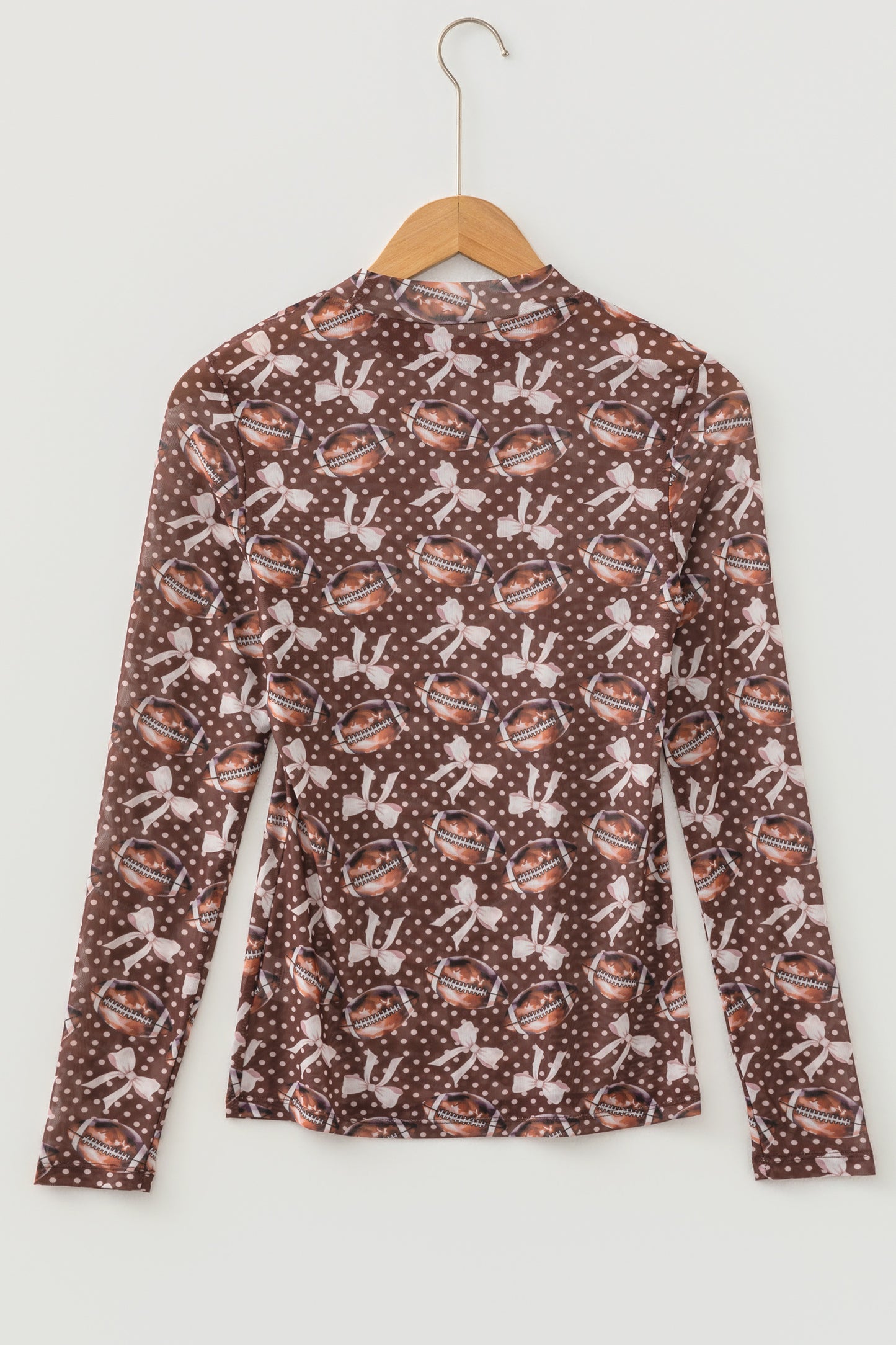 Brown Game Day Football Bow Polka Dot Mesh Long Sleeve Top