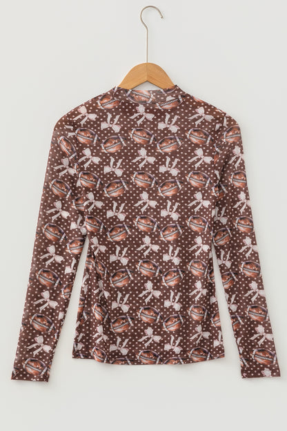 Brown Game Day Football Bow Polka Dot Mesh Long Sleeve Top