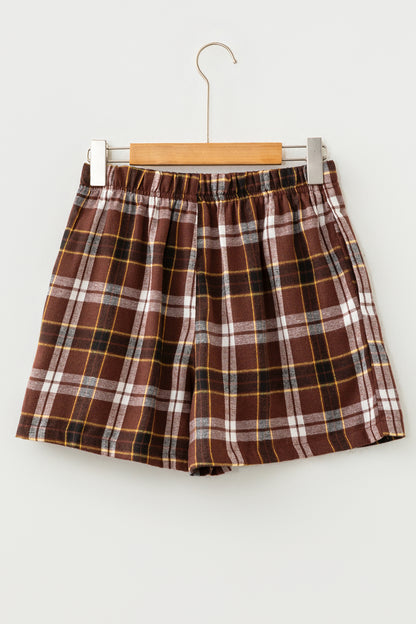 Brown Plaid High Waist Pull On Shorts
