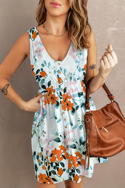 Easter Floral Sleeveless Button Front High Waist Mini Dress
