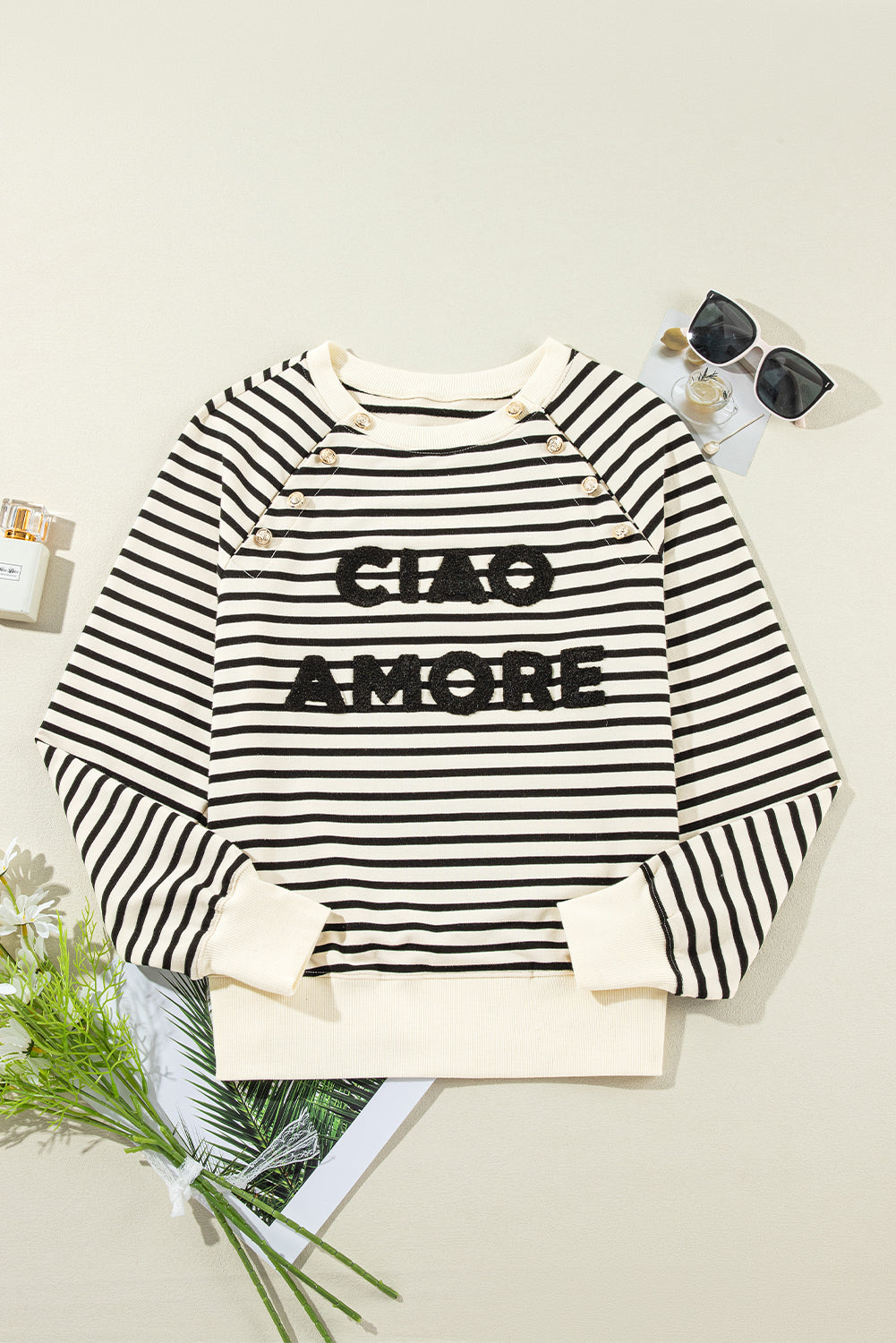 Black Stripe CIAO AMORE Graphic Buttoned Pullover Sweatshirt