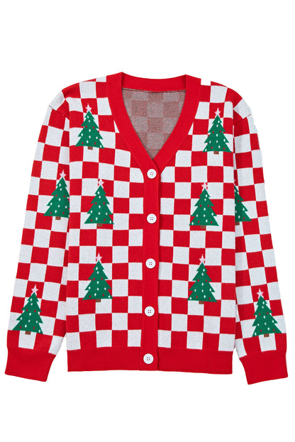 Pink Checkered Christmas Tree Pattern Button V Neck Cardigan Sweater