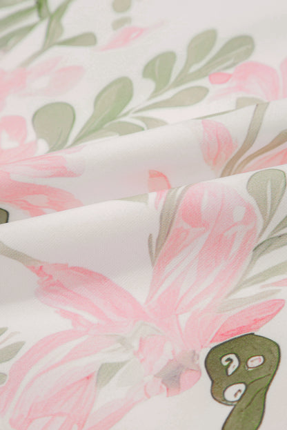 Sky Blue Floral Ruffle Sleeve Tie Neck Mini Dress