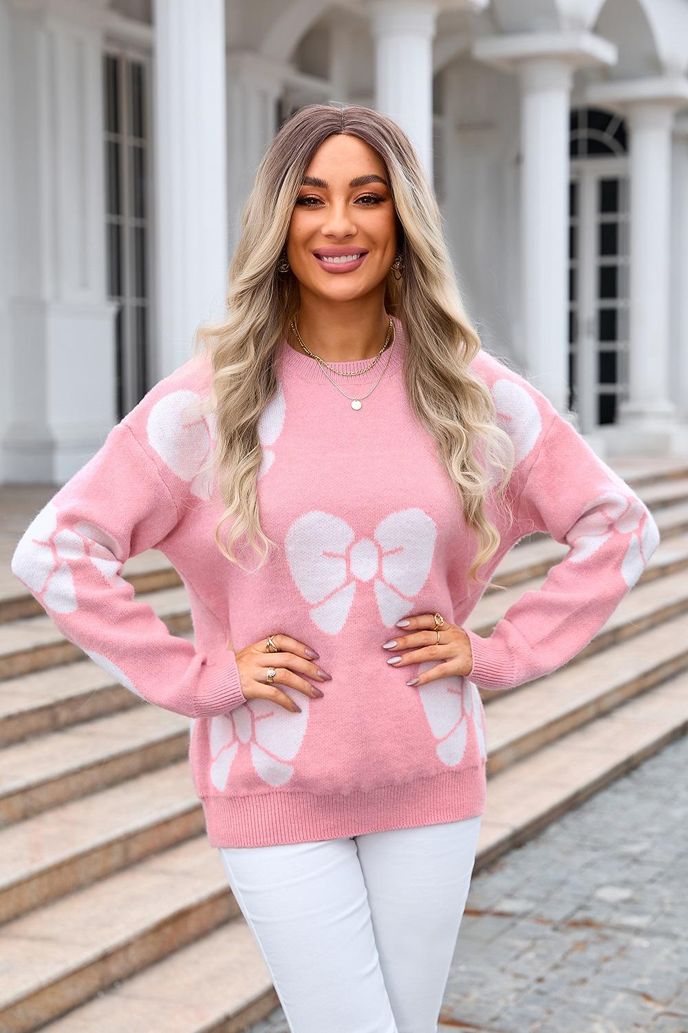 Oversized Bow Knit Sweater - Pink Pullover for Women