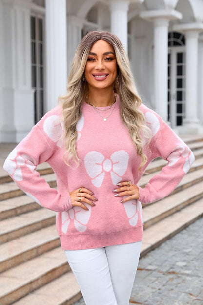 Oversized Bow Knit Sweater - Pink Pullover for Women