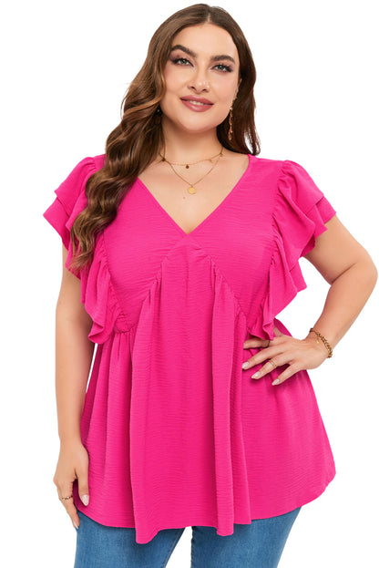 Plus Size Ruffle V Neck Tie Back Tunic Top