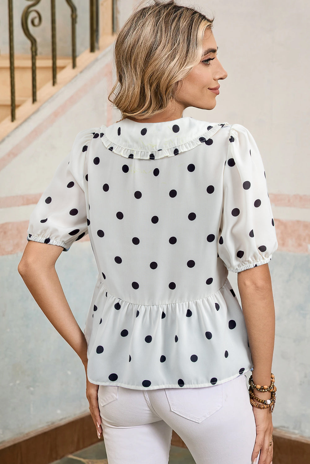 Polka Dot Peter Pan Collar Puff Sleeve Peplum Blouse