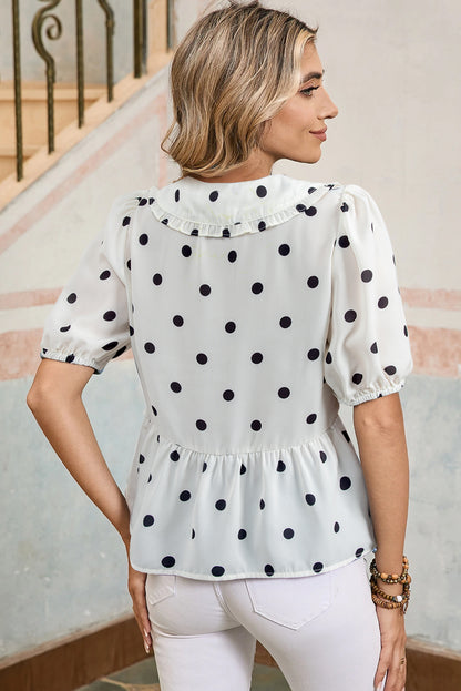 Polka Dot Peter Pan Collar Puff Sleeve Peplum Blouse