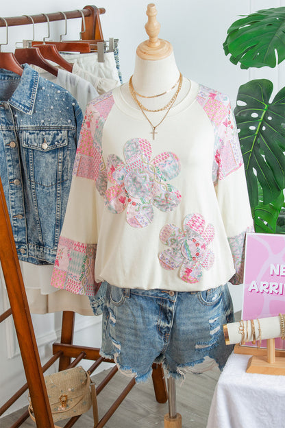 Boho Patchwork Floral Graphic Long Sleeve Top Women