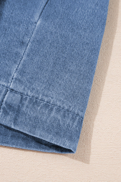 Blue Denim Tie Front Puff Sleeve Peplum Blouse