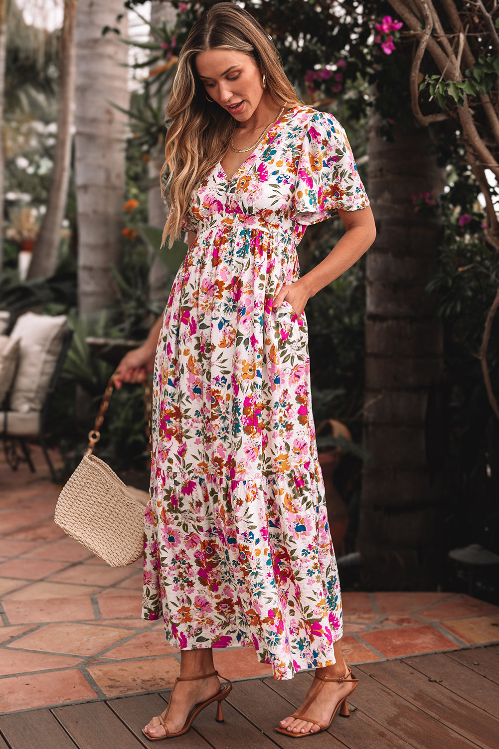 Easter Floral V Neck Short Sleeve Boho Maxi Dress