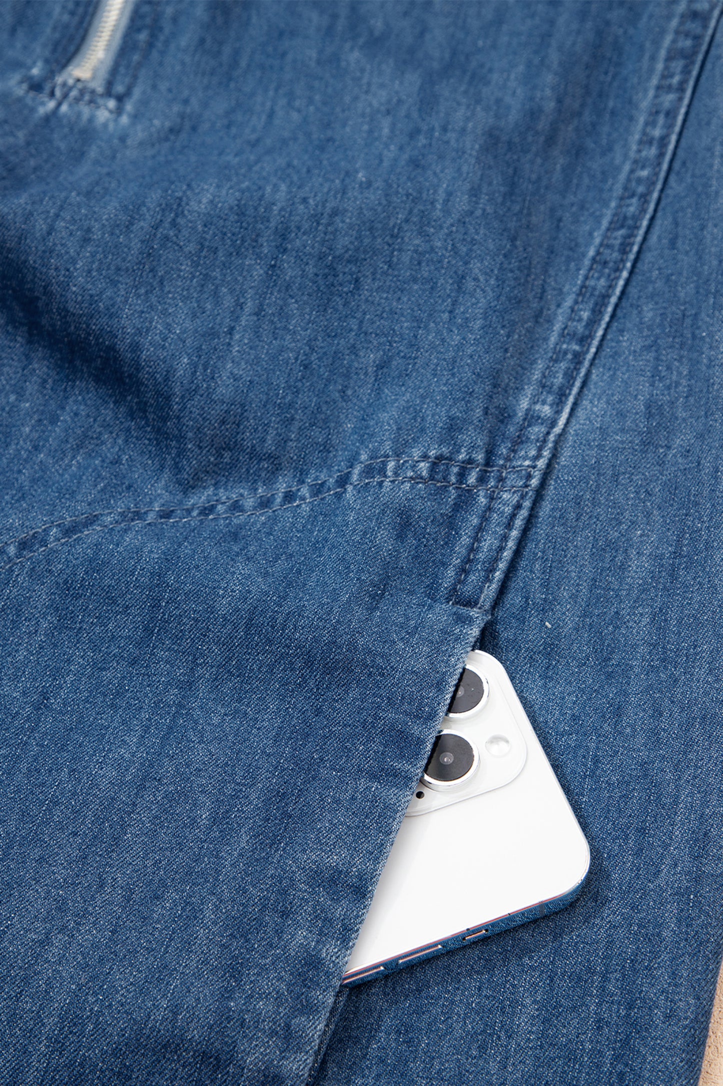 Blue Zip Front Collared Pocket Shift Denim Mini Dress