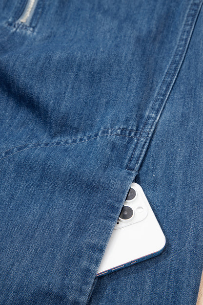 Blue Zip Front Collared Pocket Shift Denim Mini Dress