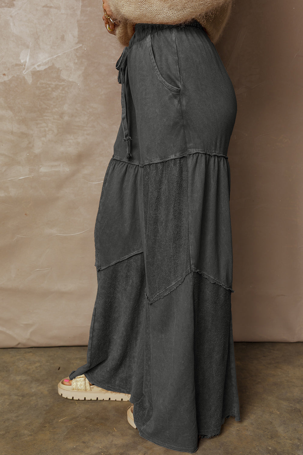 Women's Black Mineral Wash Wide Leg Patchwork Pants