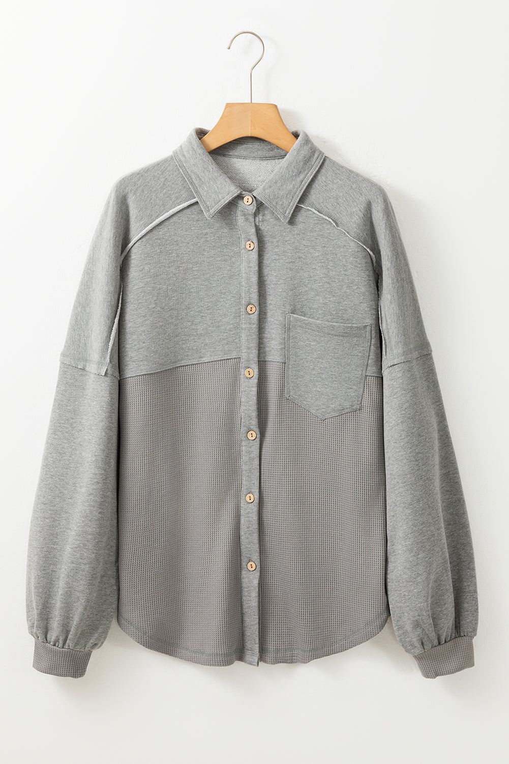 Black Waffle Knit Button Down Shacket Oversized Long Sleeve Top