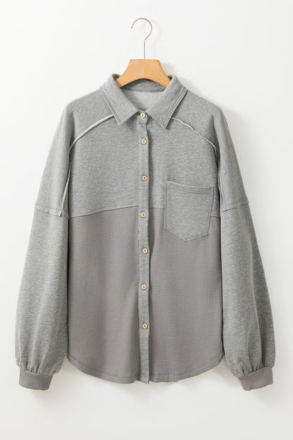 Black Waffle Knit Button Down Shacket Oversized Long Sleeve Top