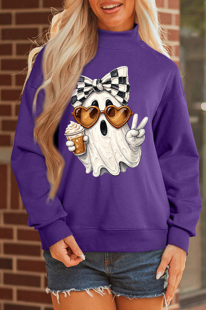 Halloween Ghost Graphic Mock Neck Sweatshirt