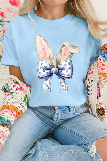 Easter Bunny Ears Bow Graphic Crewneck T Shirt