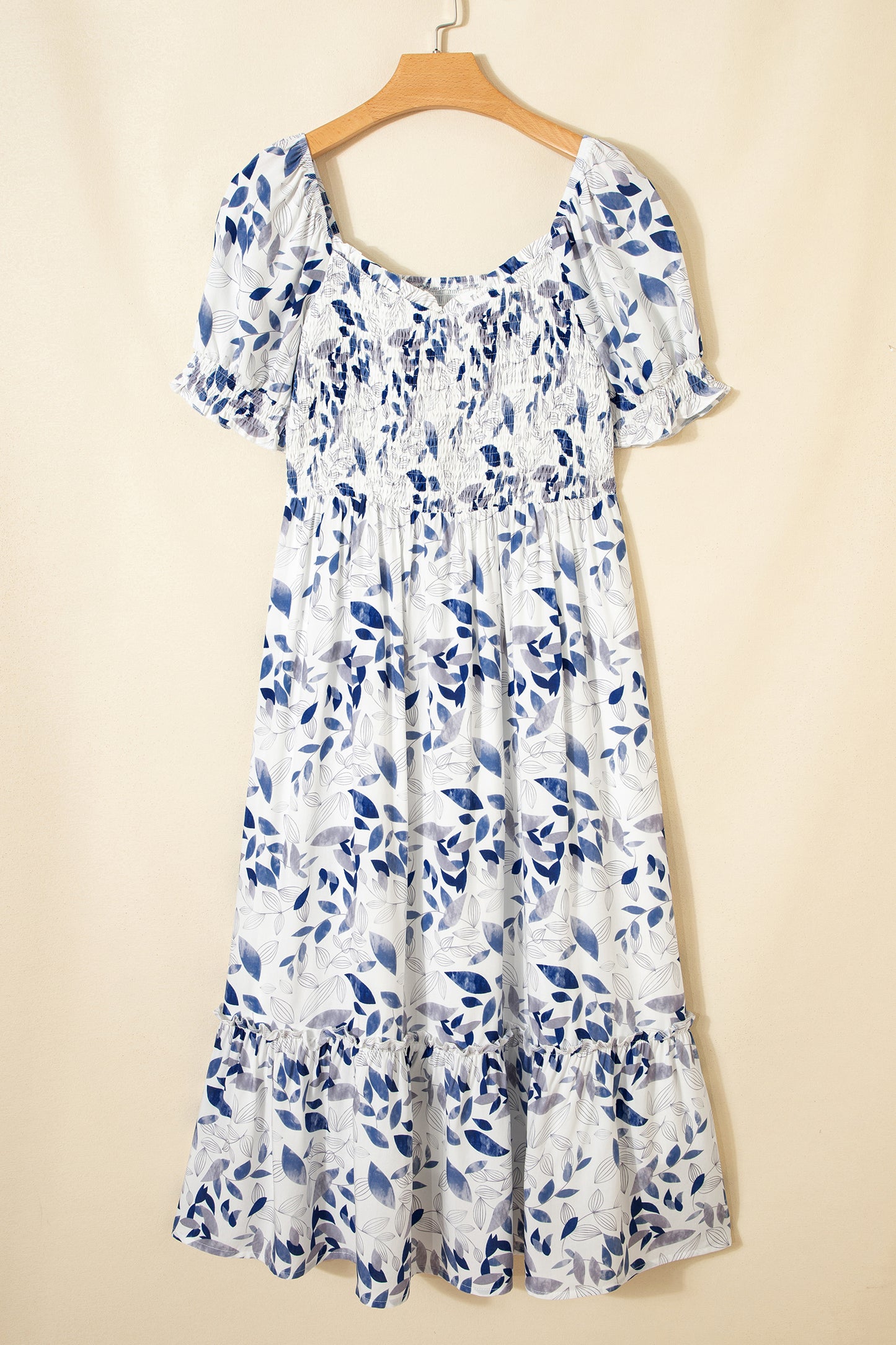 Sky Blue Floral Smocked Bodice Puff Sleeve Midi Dress