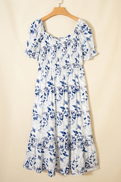 Sky Blue Floral Smocked Bodice Puff Sleeve Midi Dress