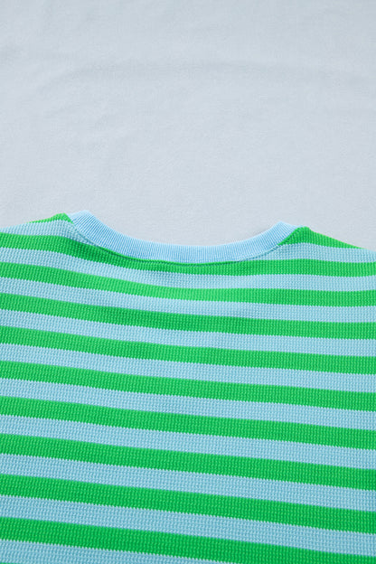 Green Stripe Puff Sleeve Lounge Set Drawstring Shorts