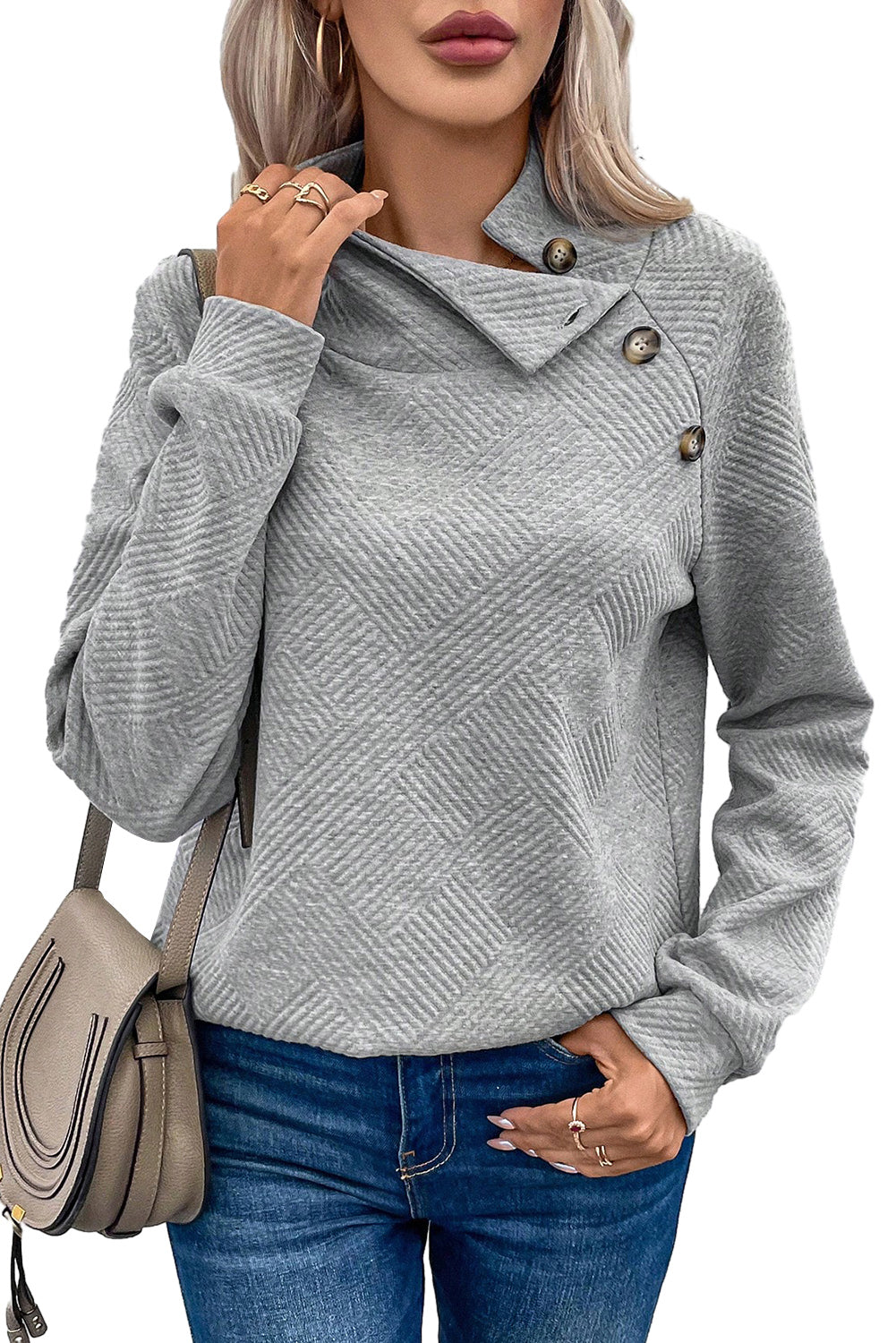 Black Asymmetric Buttons Detail High Neck Textured Sweatshirt