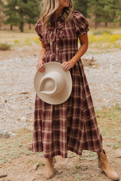 Western Plaid Puff Sleeve Midi Dress Tie Front