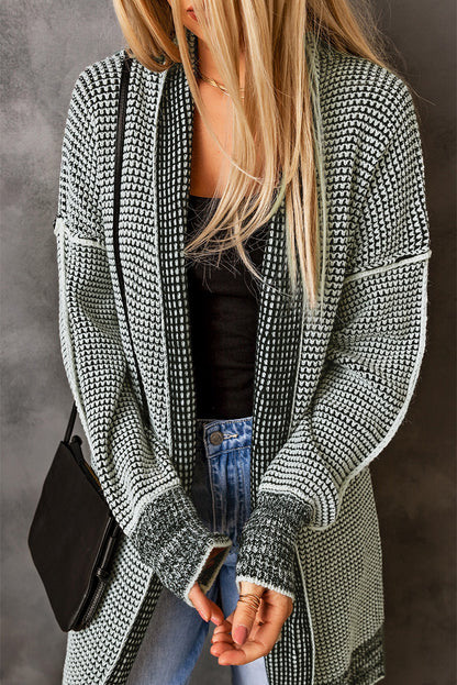 Black Plaid Knitted Long Open Front Cardigan