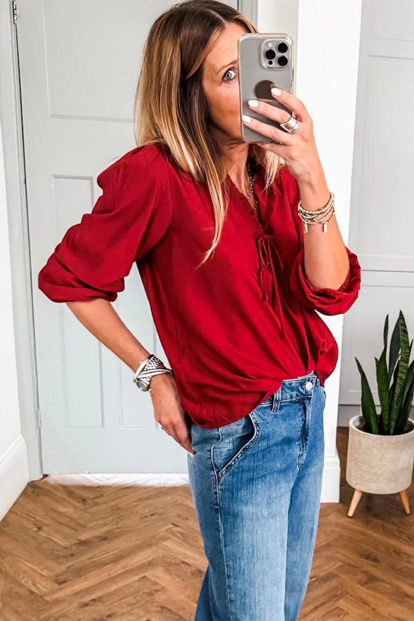 Dark Green Ruffle V Neck Bow Tie 3/4 Sleeve Blouse